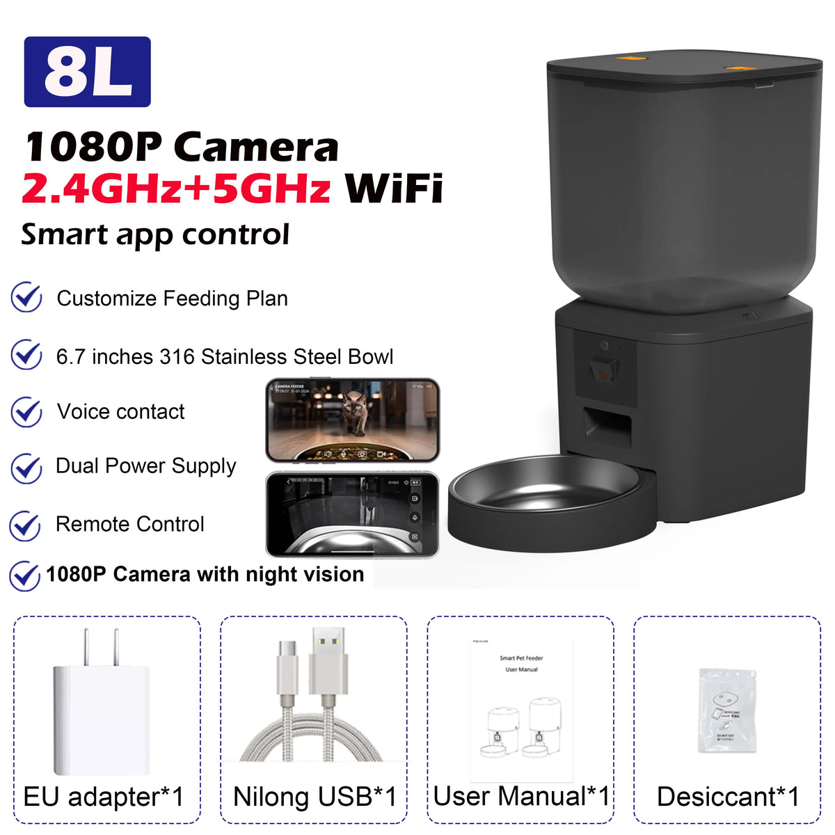 WiFI App-Controlled Smart Pet Feeder With HD Camera (Black)