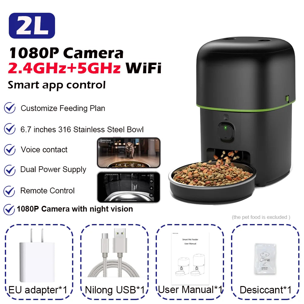 Smart Automatic Pet Feeder with 1080p Video Camera;WiFi Two-Way Audio Dispenser