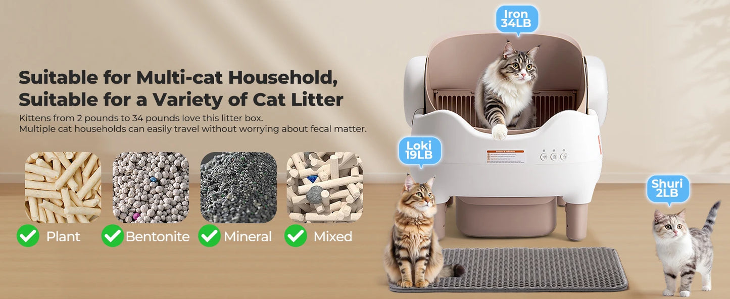 Automatic Self-Cleaning Cat Litter Box; Hands-Free Multi-Cat Electric Litter Box