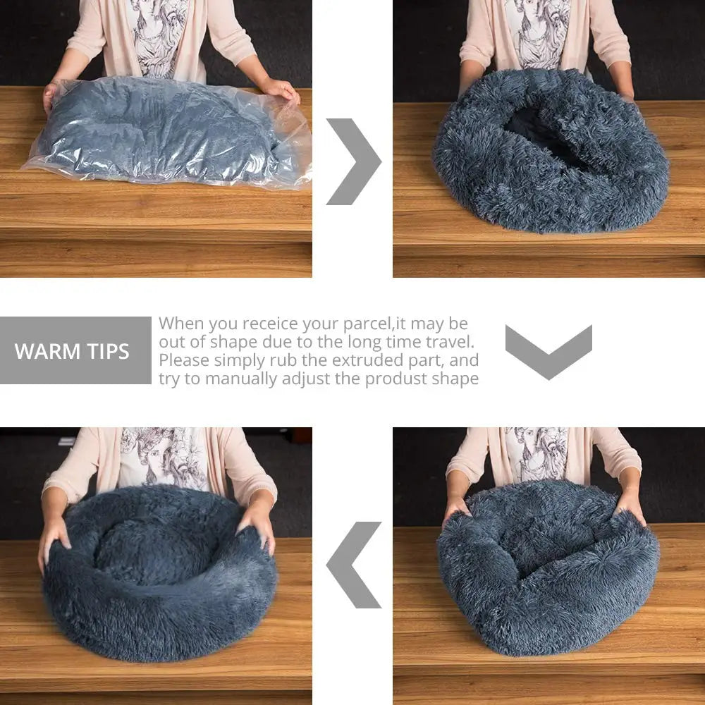 Anti-Anxiety Calming Plush Pet Bed; Ultra-Soft Faux Fur Donut Cushion for Cats & Dogs