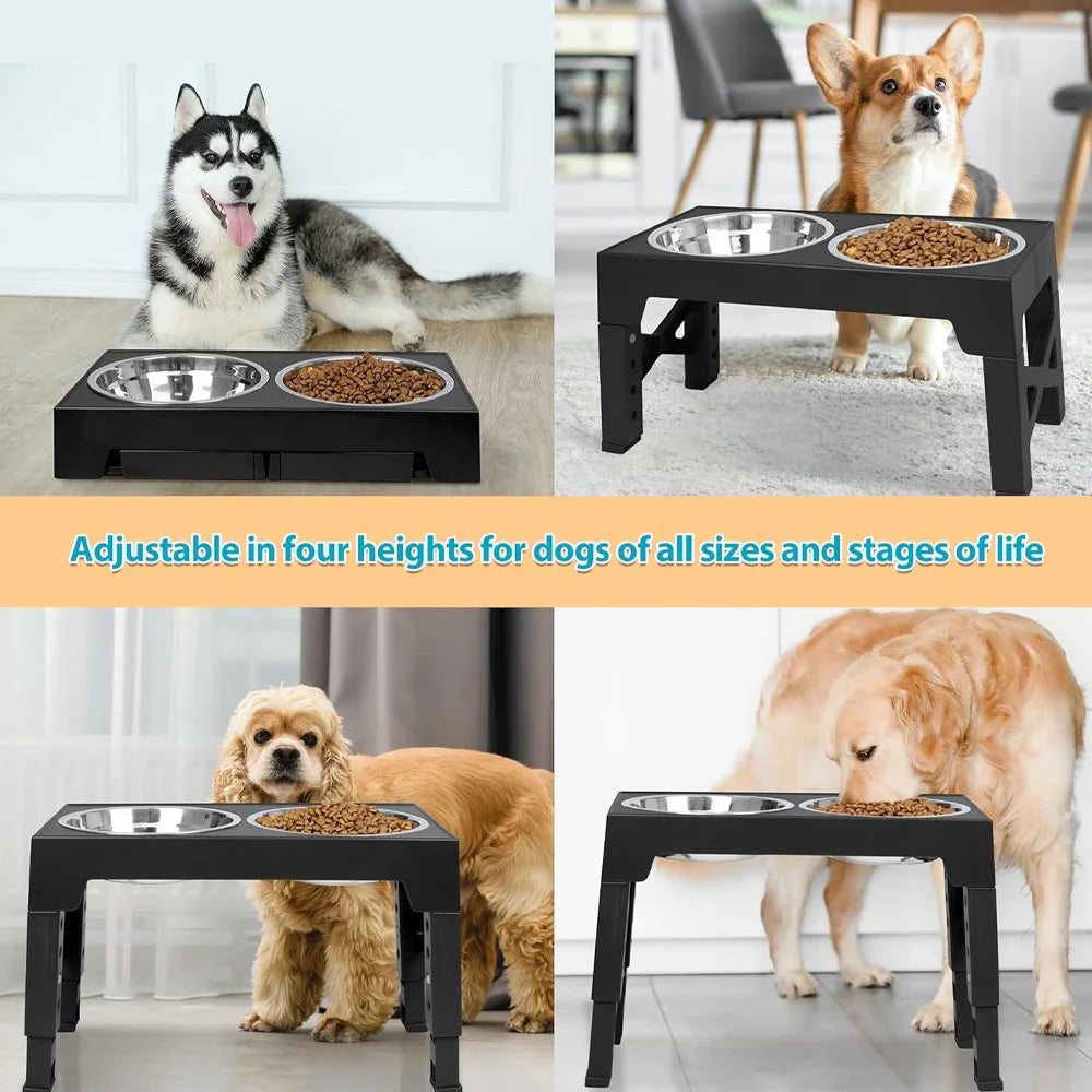 Adjustable Elevated Pet Feeder Stand; Raised Wooden Stand with Stainless Steel Bowls
