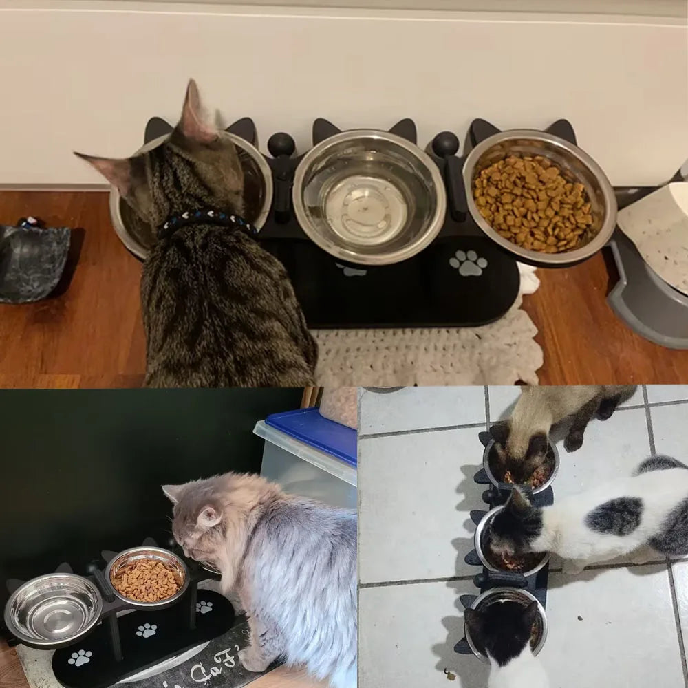 Triple Bowl Elevated Cat Feeder; Ergonomic Raised 3-in-1 Wet & Dry Food Station