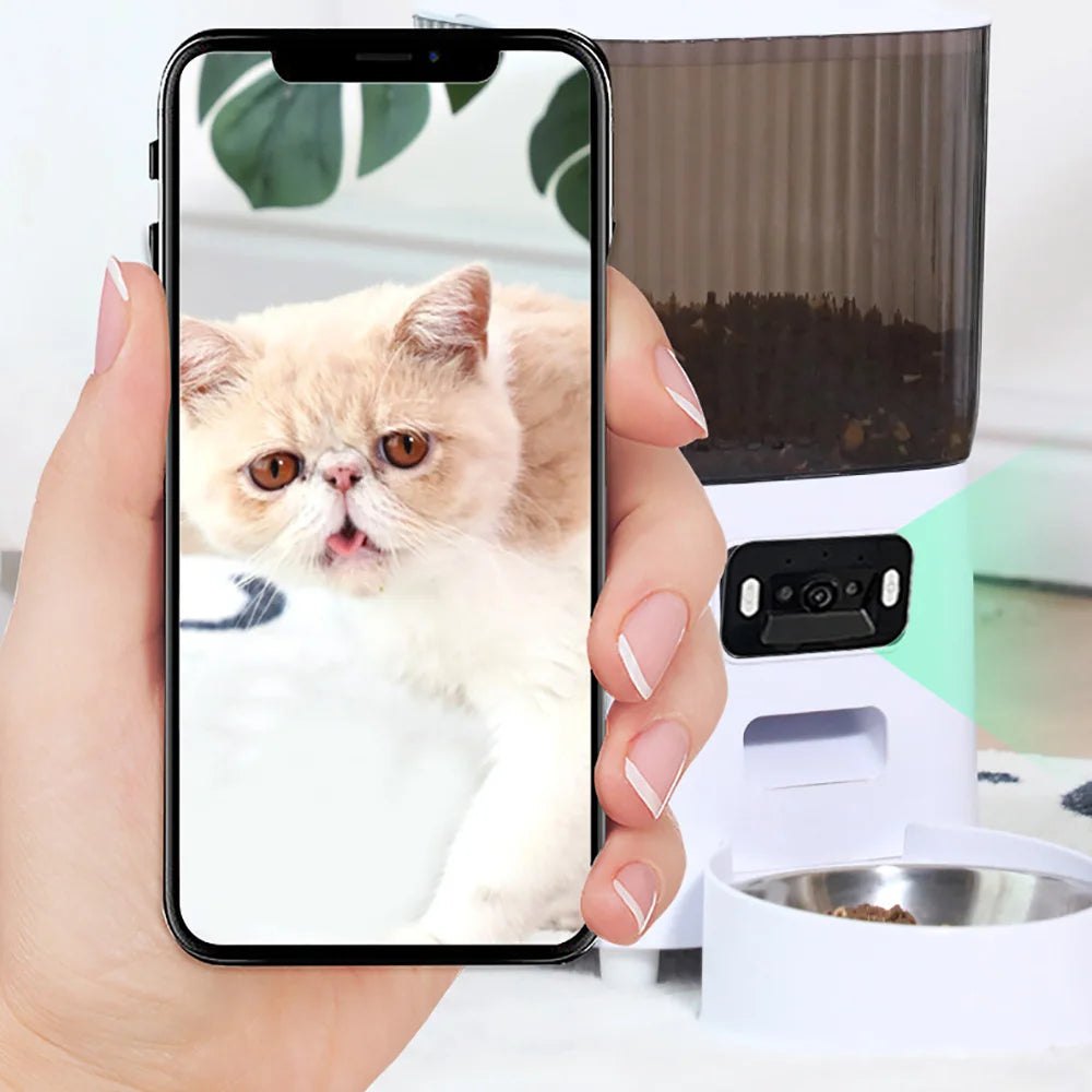 Smart Automatic Pet Feeder with HD Camera (White); WiFi Enabled Cat & Dog Food Dispenser