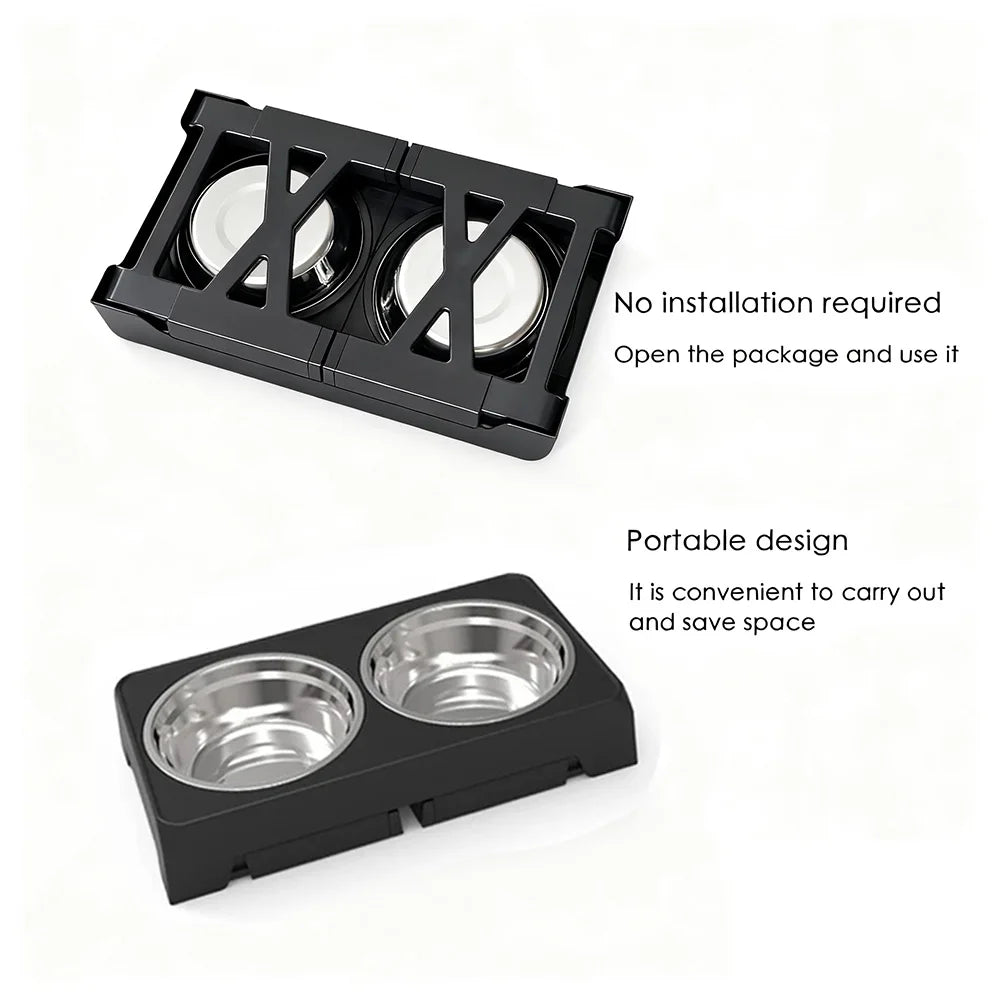 Adjustable Elevated Pet Feeder Stand; Raised Wooden Stand with Stainless Steel Bowls