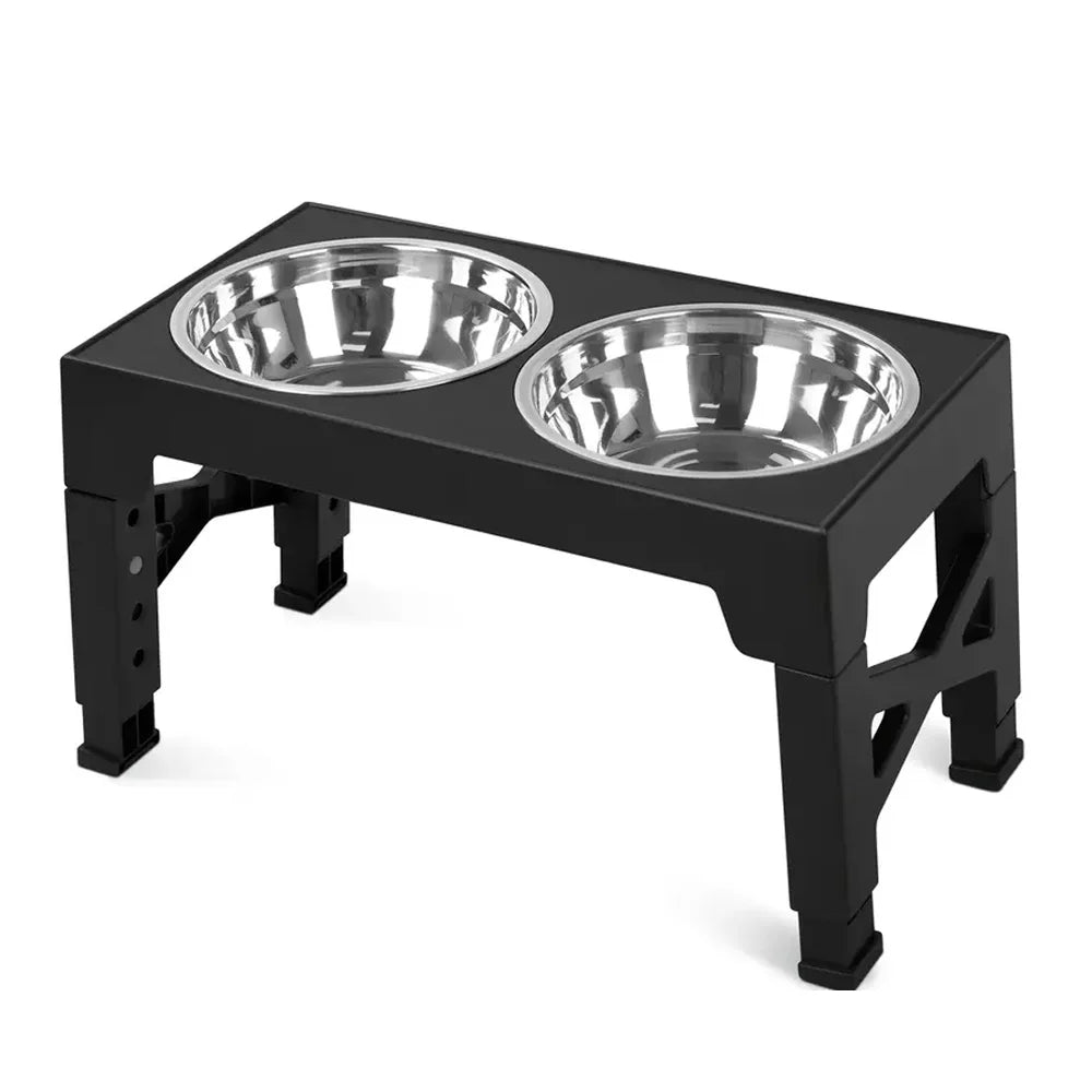 Adjustable Elevated Pet Feeder Stand; Raised Wooden Stand with Stainless Steel Bowls