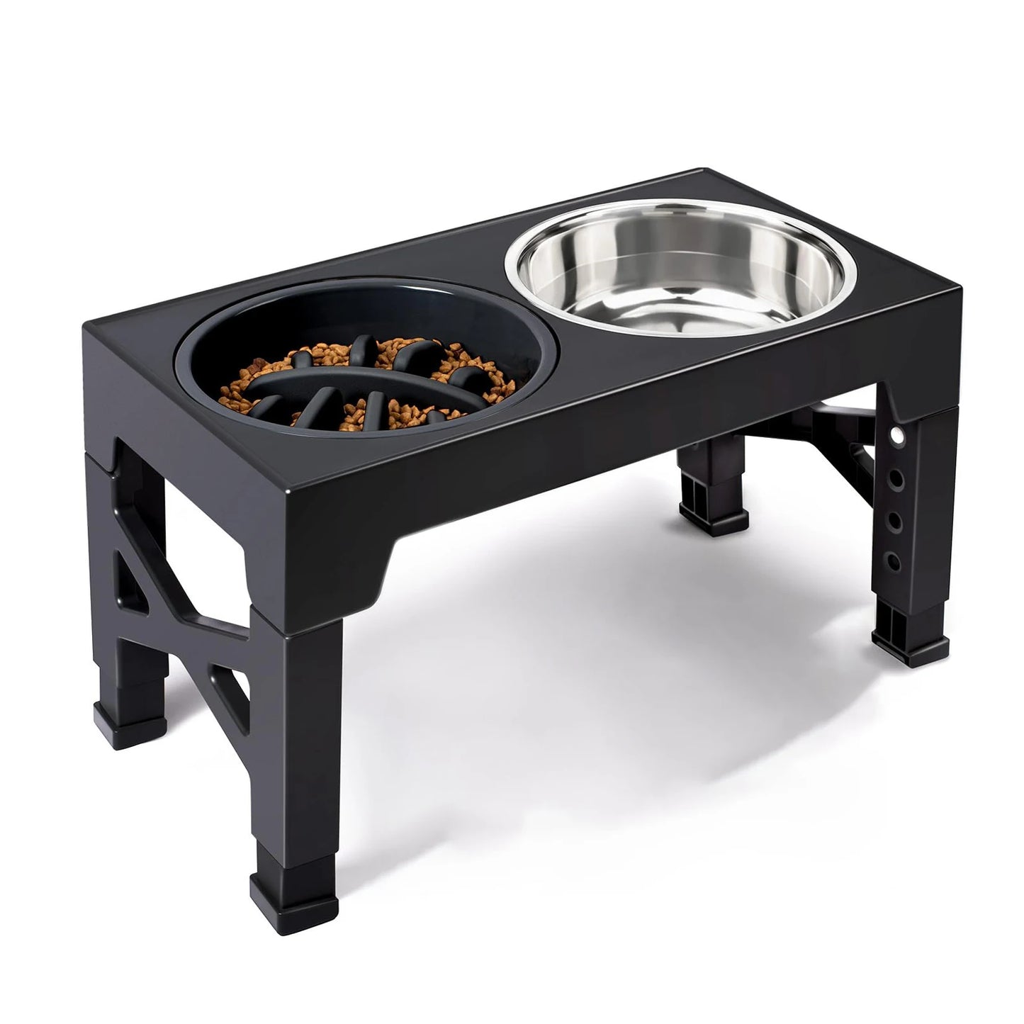 Adjustable Elevated Pet Feeder Stand; Raised Wooden Stand with Stainless Steel Bowls