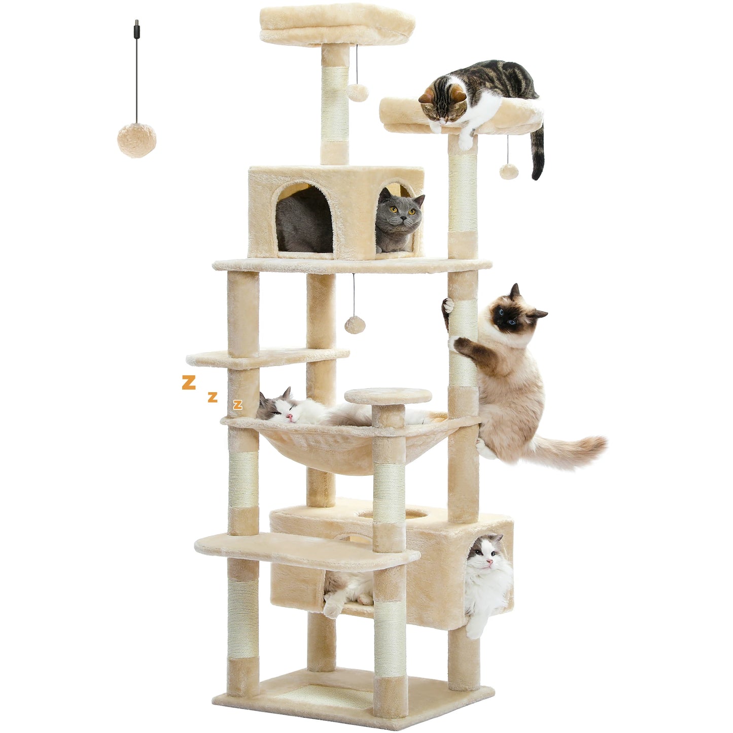 Multi-Level Large Cat Tree Tower; Indoor Cat Condo with Scratching Posts & Hammock