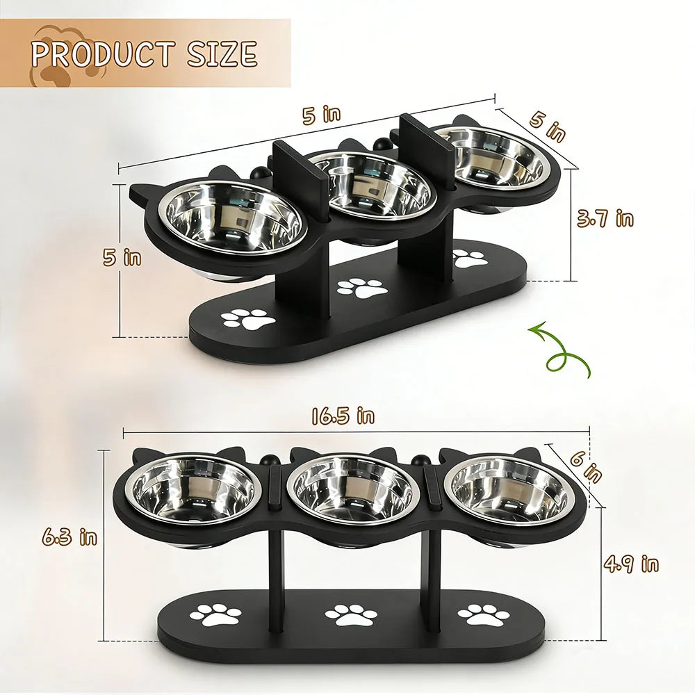 Triple Bowl Elevated Cat Feeder; Ergonomic Raised 3-in-1 Wet & Dry Food Station