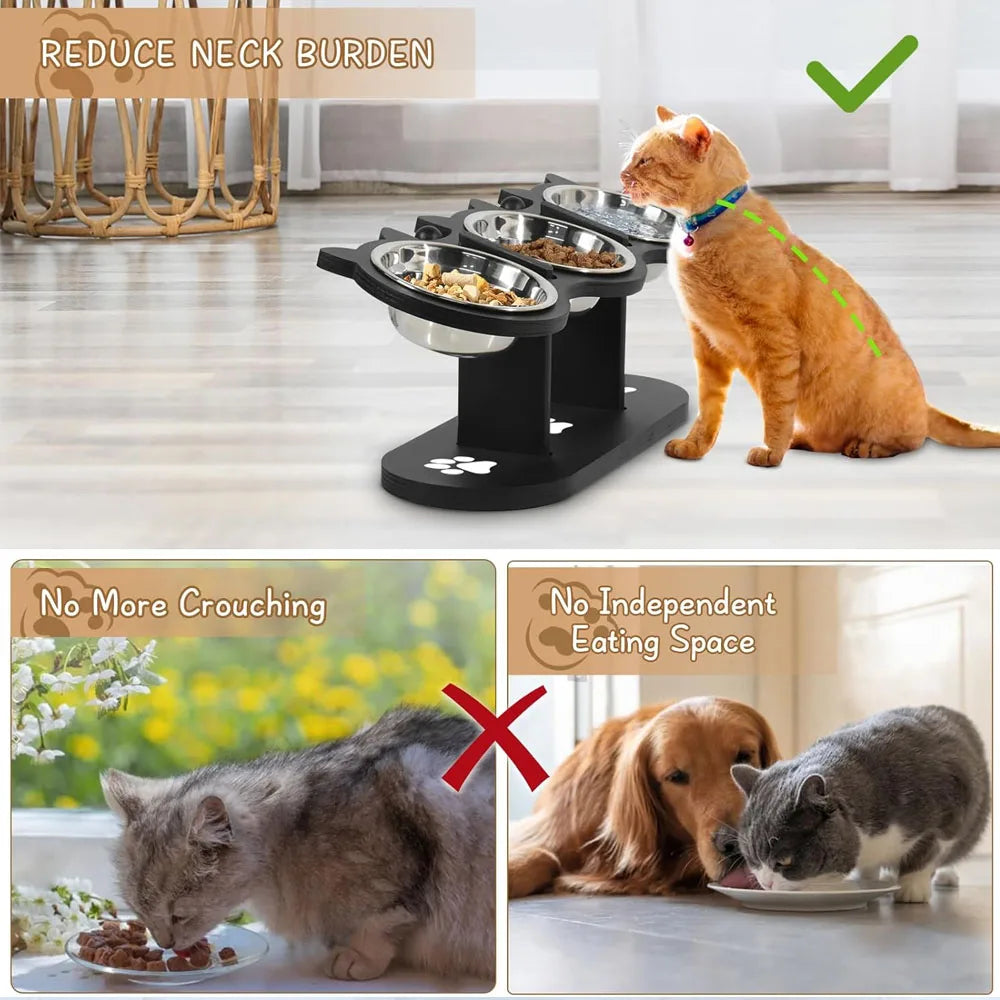 Triple Bowl Elevated Cat Feeder; Ergonomic Raised 3-in-1 Wet & Dry Food Station