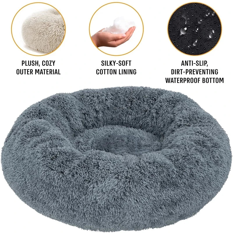 Anti-Anxiety Calming Plush Pet Bed; Ultra-Soft Faux Fur Donut Cushion for Cats & Dogs