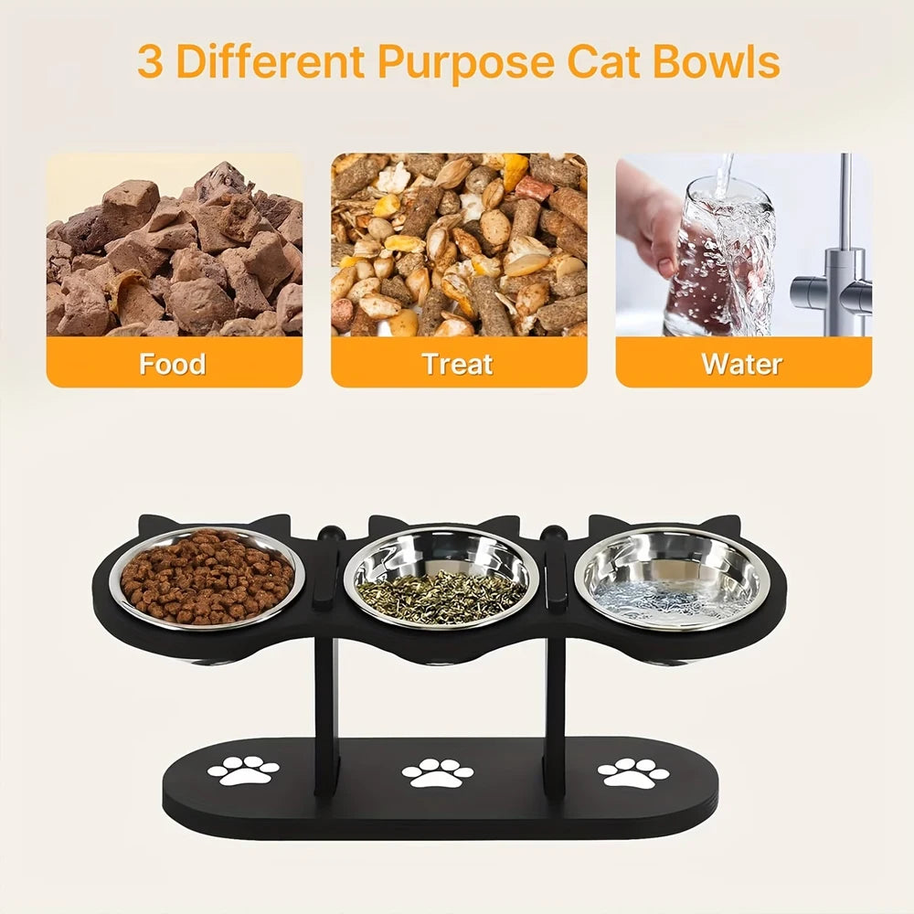 Triple Bowl Elevated Cat Feeder; Ergonomic Raised 3-in-1 Wet & Dry Food Station