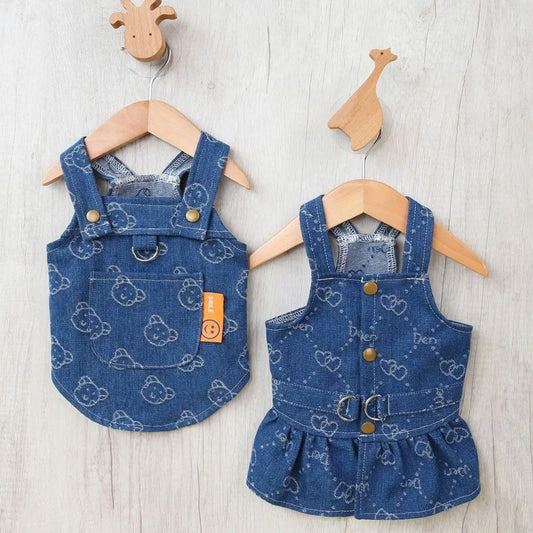 Pattern Denim Pet Dress & Vest Combo