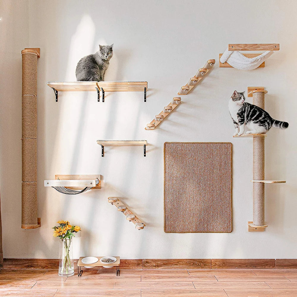 Wall Mounted Cat Climbing Shelves; Wooden Floating Perch Set for Indoor Cats