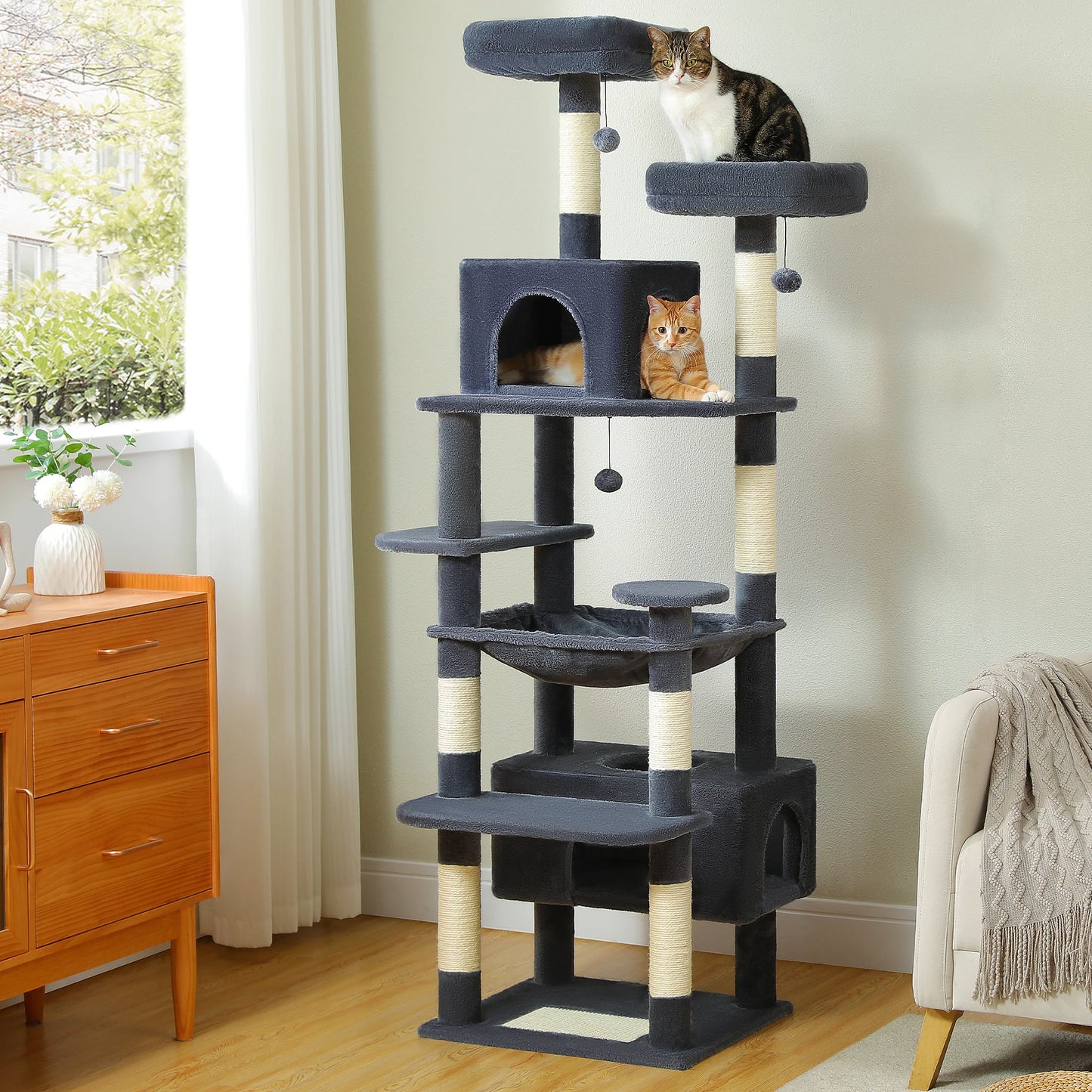 Multi-Level Large Cat Tree Tower; Indoor Cat Condo with Scratching Posts & Hammock