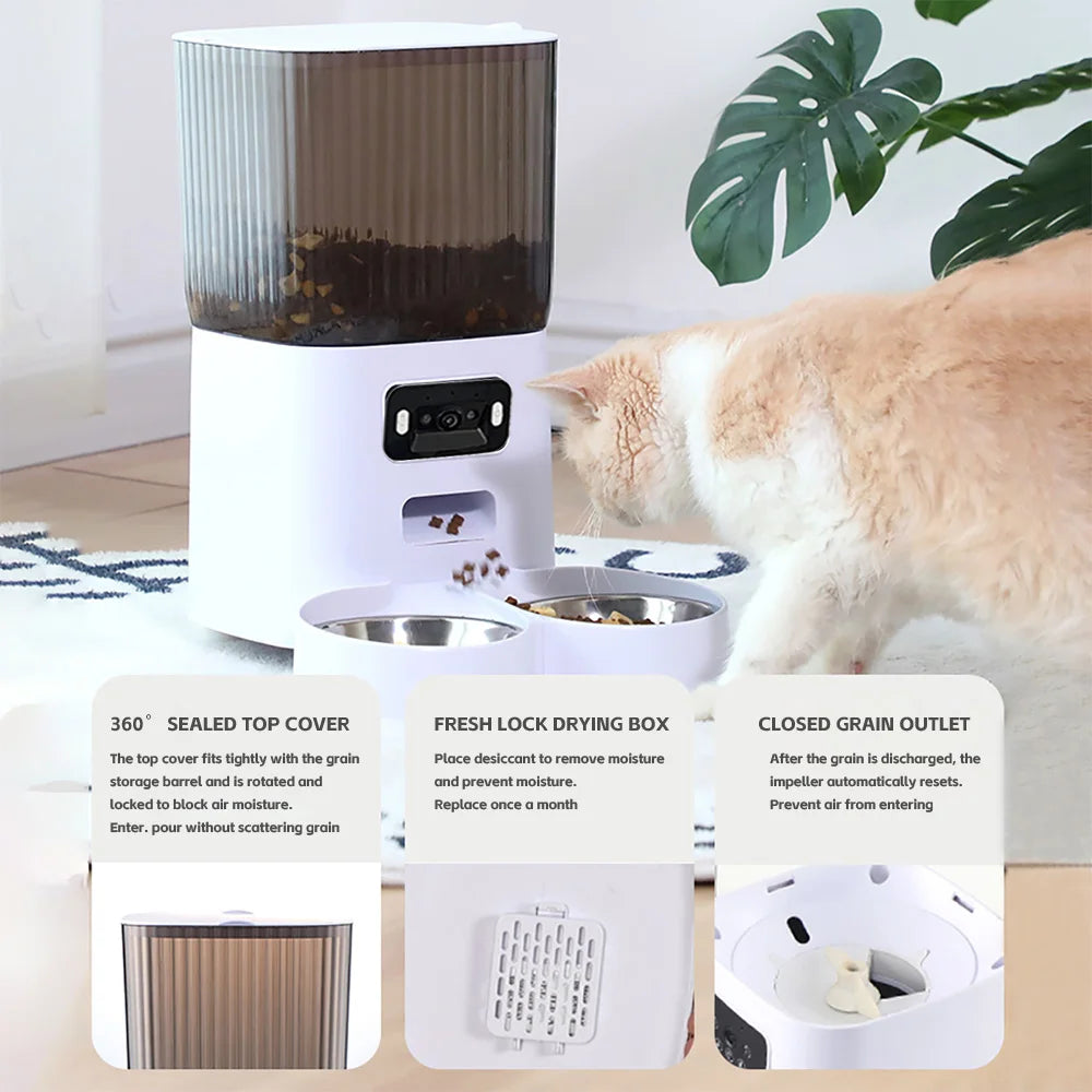 Smart Automatic Pet Feeder with HD Camera (White); WiFi Enabled Cat & Dog Food Dispenser