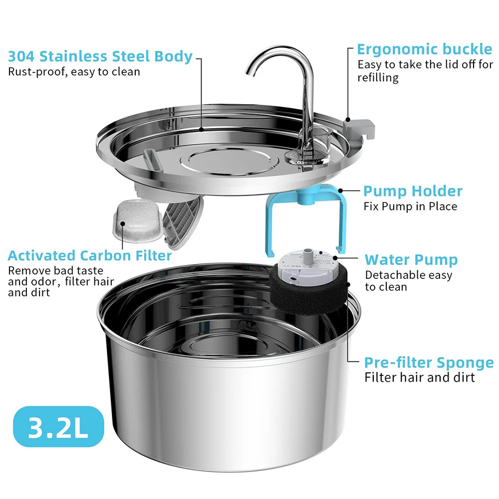 Stainless Steel Pet Water Fountain; Ultra-Quiet Automatic Dog & Cat Dispenser