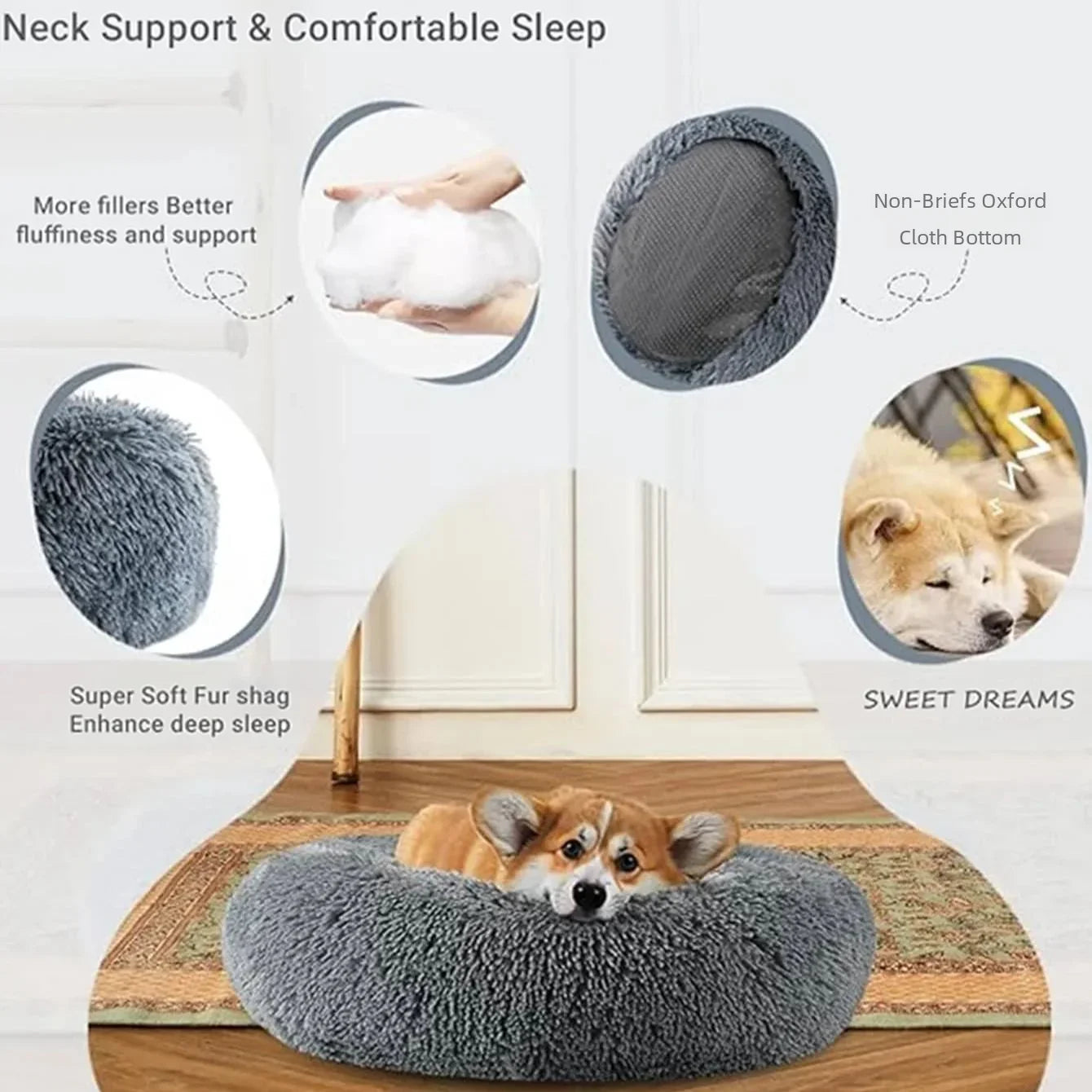 Anti-Anxiety Calming Plush Pet Bed; Ultra-Soft Faux Fur Donut Cushion for Cats & Dogs
