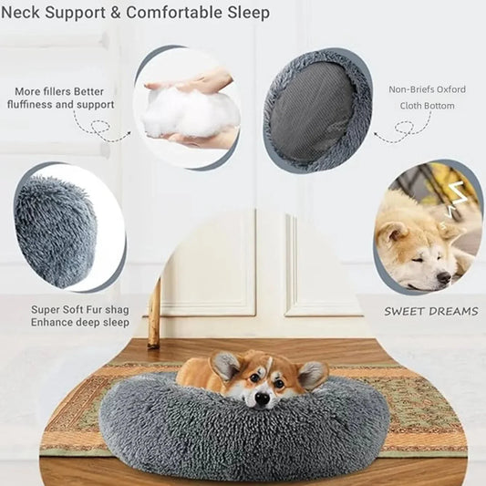 Anti-Anxiety Calming Plush Pet Bed; Ultra-Soft Faux Fur Donut Cushion for Cats & Dogs