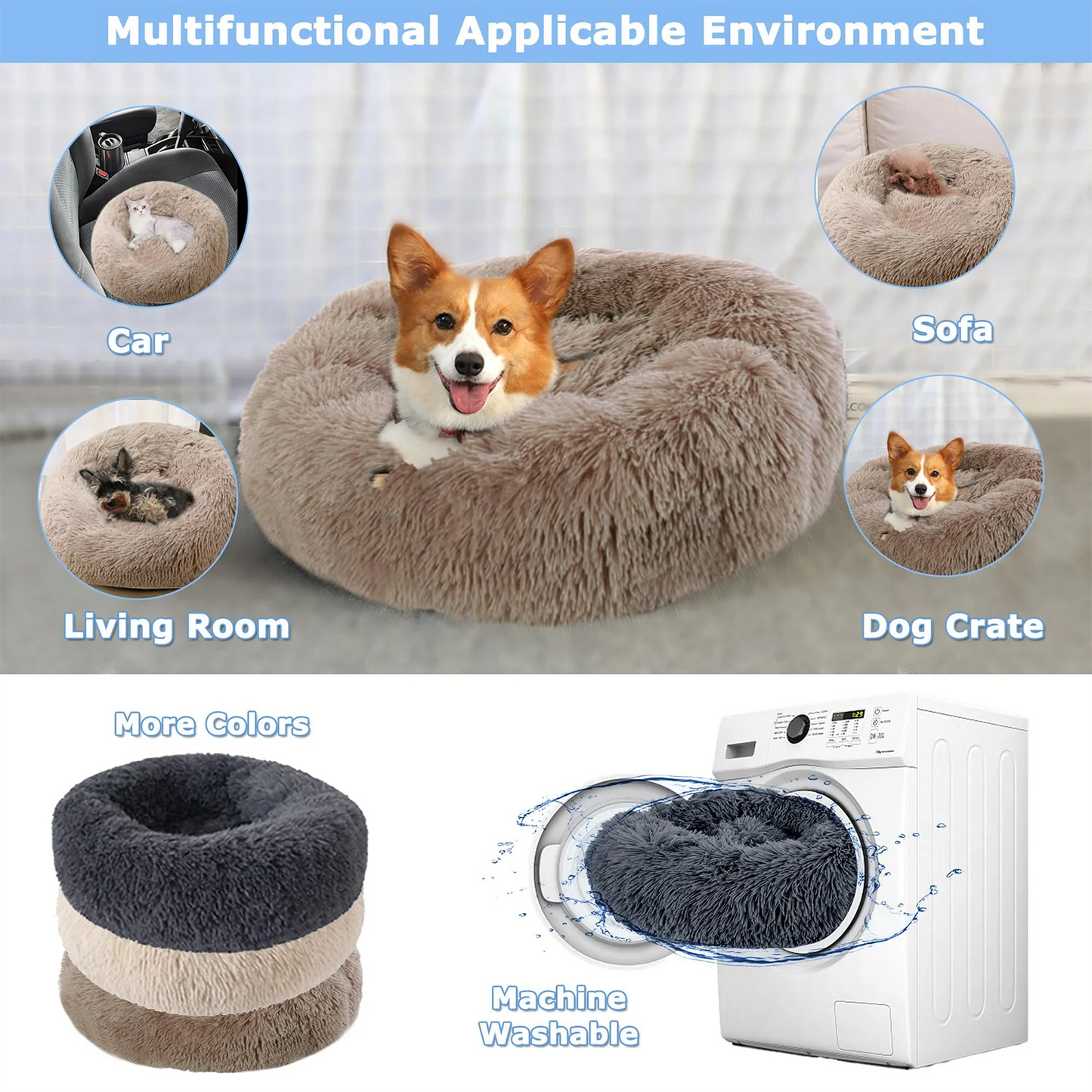 Anti-Anxiety Calming Plush Pet Bed; Ultra-Soft Faux Fur Donut Cushion for Cats & Dogs