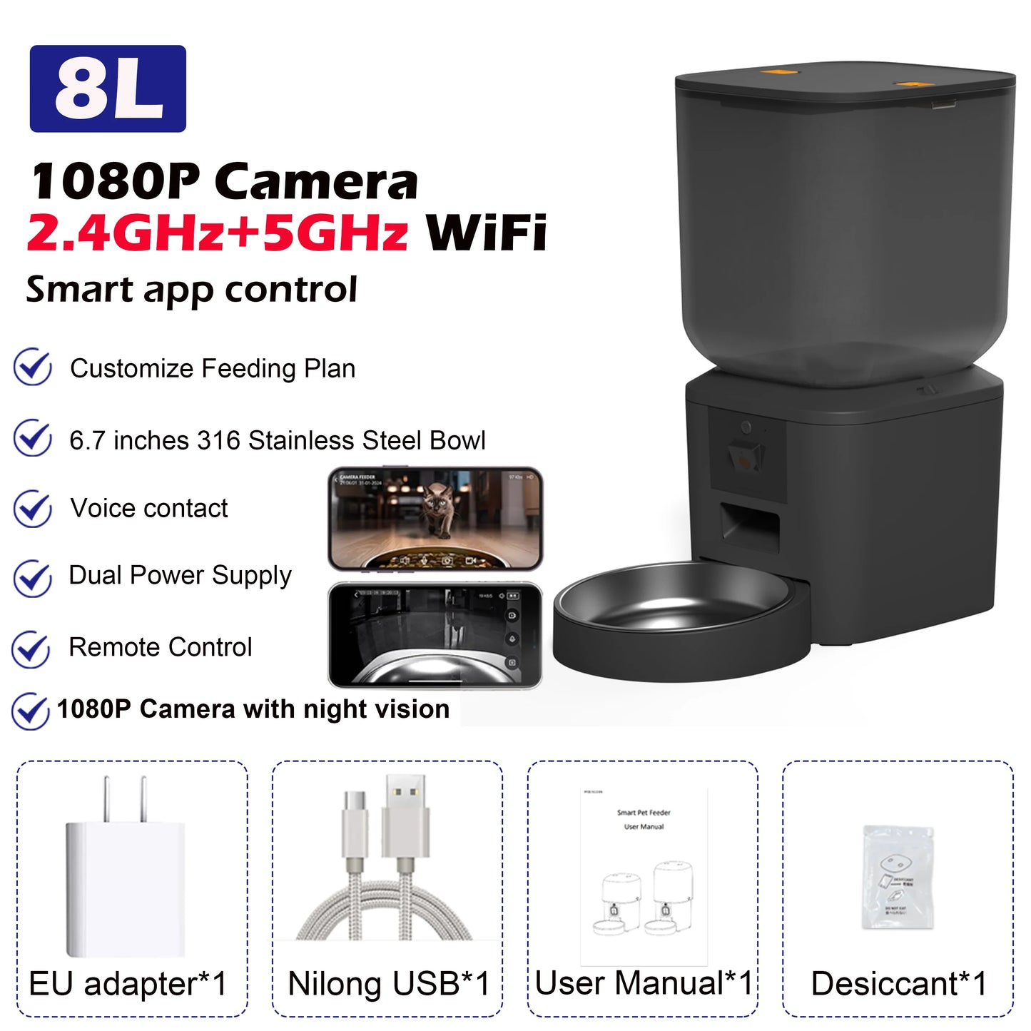 Smart Automatic Pet Feeder with HD Camera (Black); WiFi App-Controlled Portion Dispenser