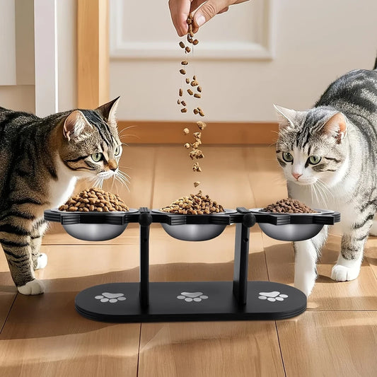Triple Bowl Elevated Cat Feeder; Ergonomic Raised 3-in-1 Wet & Dry Food Station