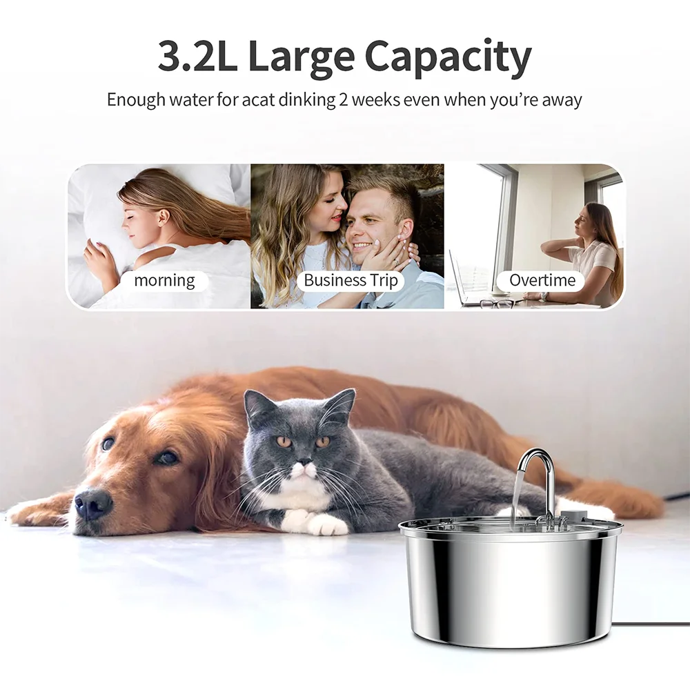 Stainless Steel Pet Water Fountain; Ultra-Quiet Automatic Dog & Cat Dispenser