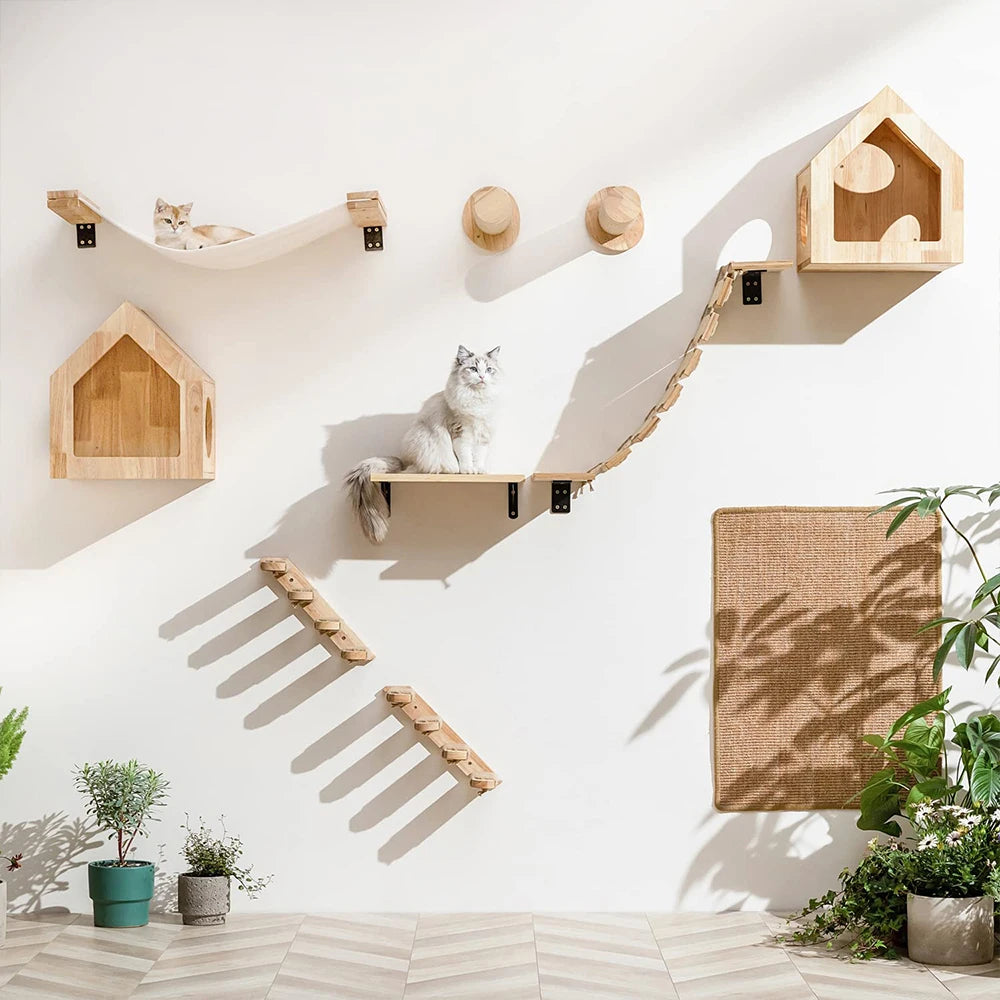 Wall Mounted Cat Climbing Shelves; Wooden Floating Perch Set for Indoor Cats