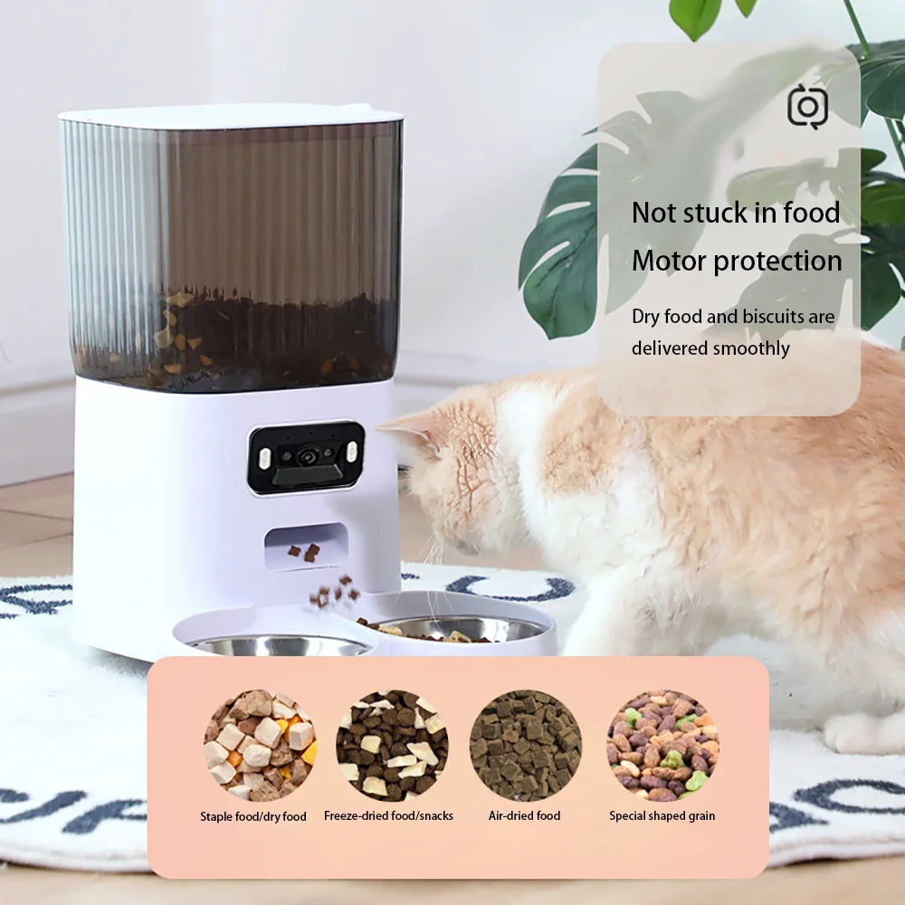 Smart Automatic Pet Feeder with HD Camera (White); WiFi Enabled Cat & Dog Food Dispenser