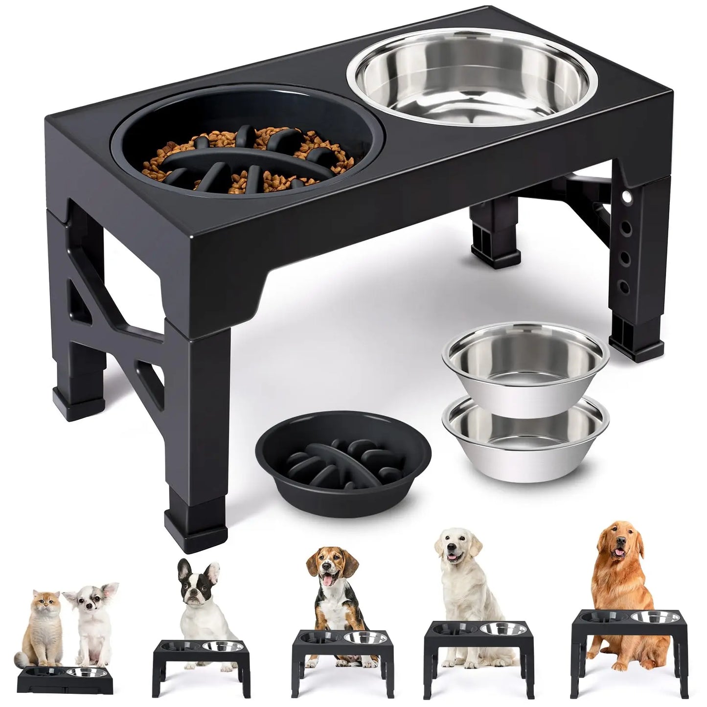 Adjustable Elevated Pet Feeder Stand; Raised Wooden Stand with Stainless Steel Bowls