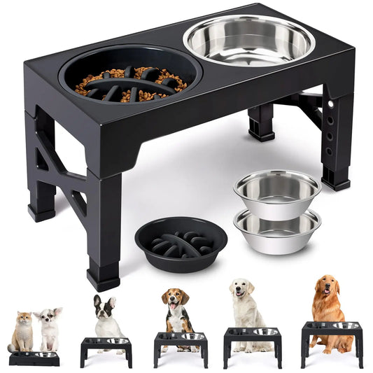 Adjustable Elevated Pet Feeder Stand; Raised Wooden Stand with Stainless Steel Bowls