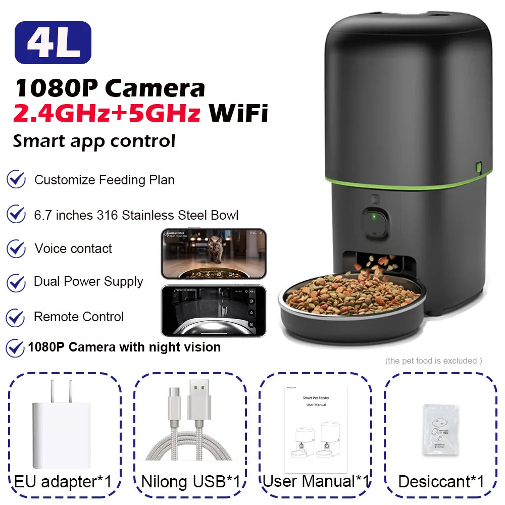 Smart Automatic Pet Feeder with 1080p Video Camera;WiFi Two-Way Audio Dispenser