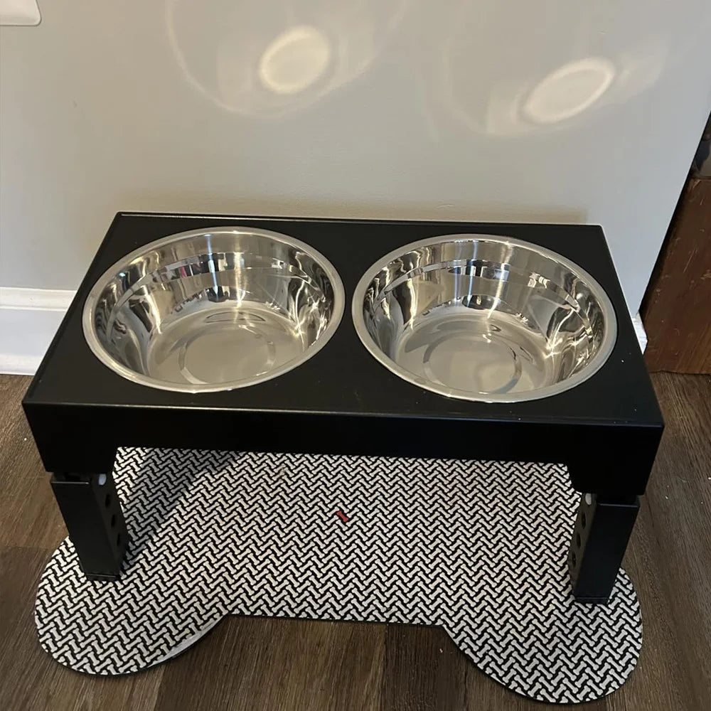 Adjustable Elevated Pet Feeder Stand; Raised Wooden Stand with Stainless Steel Bowls