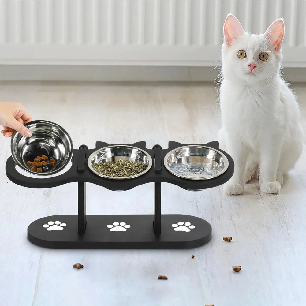 Triple Bowl Elevated Cat Feeder; Ergonomic Raised 3-in-1 Wet & Dry Food Station