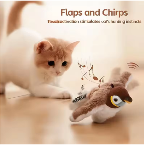 Interactive Flapping Feathers Cat Toy; Rechargeable Touch-Activated Motion Bird with Catnip