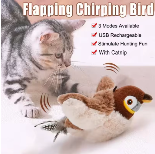 Interactive Flapping Feathers Cat Toy; Rechargeable Touch-Activated Motion Bird with Catnip