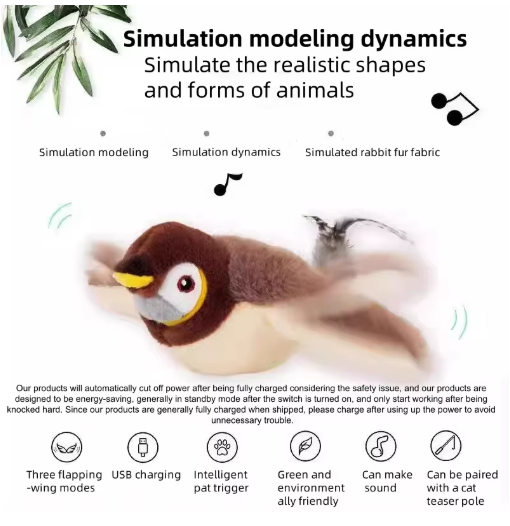Interactive Flapping Feathers Cat Toy; Rechargeable Touch-Activated Motion Bird with Catnip