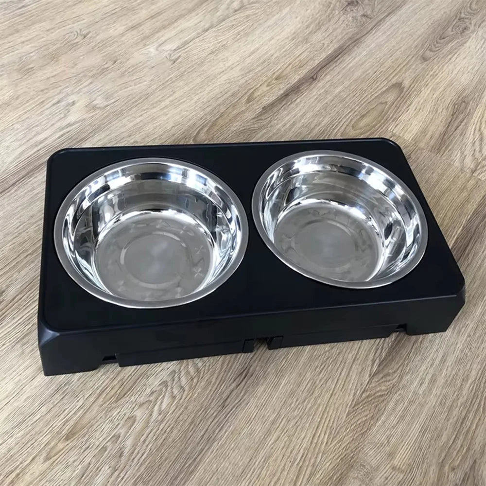 Adjustable Elevated Pet Feeder Stand; Raised Wooden Stand with Stainless Steel Bowls