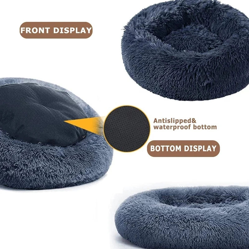 Anti-Anxiety Calming Plush Pet Bed; Ultra-Soft Faux Fur Donut Cushion for Cats & Dogs