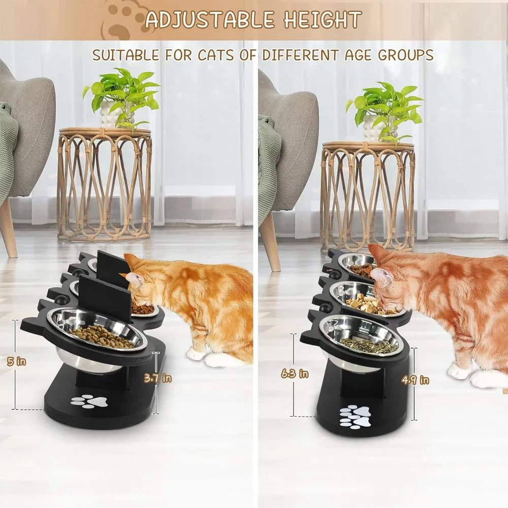 Triple Bowl Elevated Cat Feeder; Ergonomic Raised 3-in-1 Wet & Dry Food Station