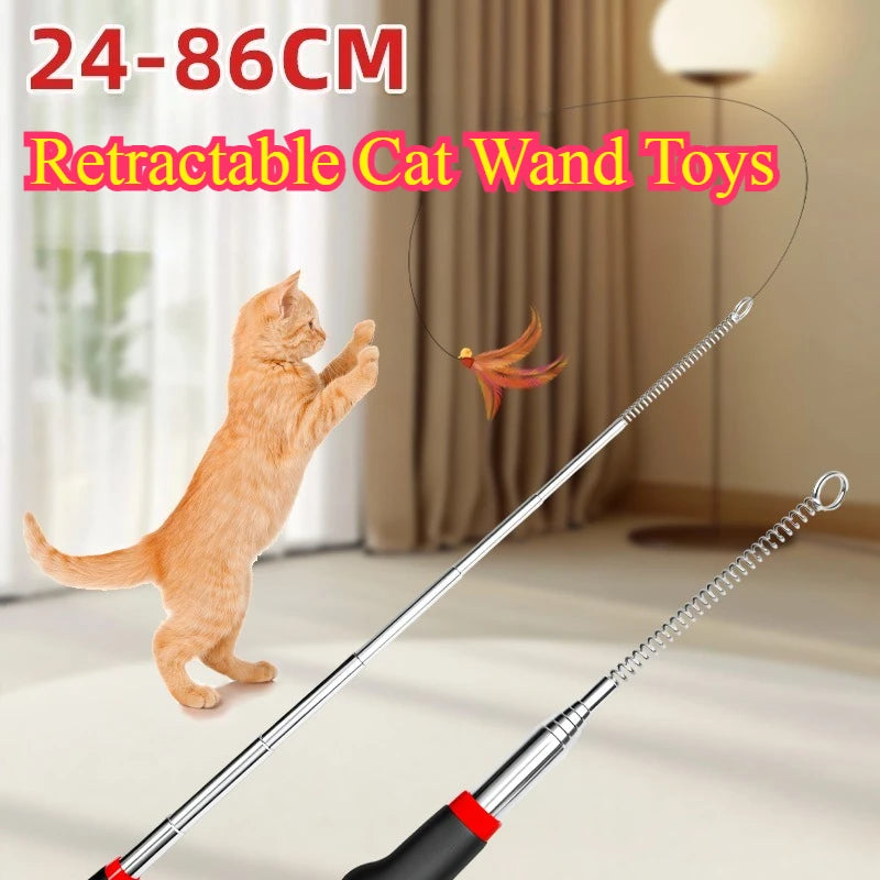 Retractable Cat Wand Toy; Interactive Teaser Extension Stick with Refills