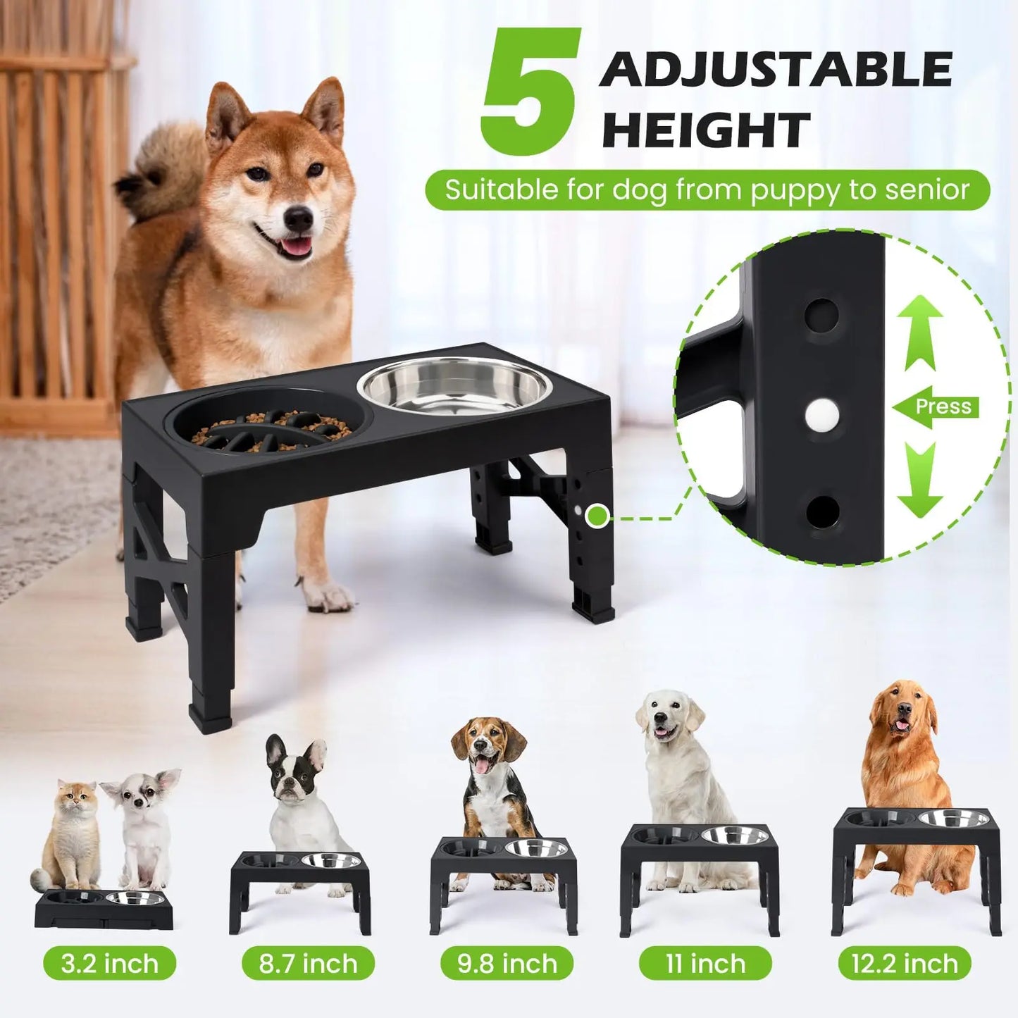 Adjustable Elevated Pet Feeder Stand; Raised Wooden Stand with Stainless Steel Bowls