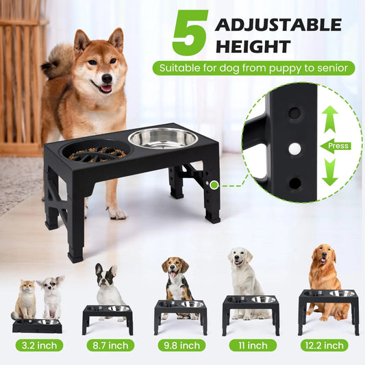 Adjustable Elevated Pet Feeder Stand; Raised Wooden Stand with Stainless Steel Bowls