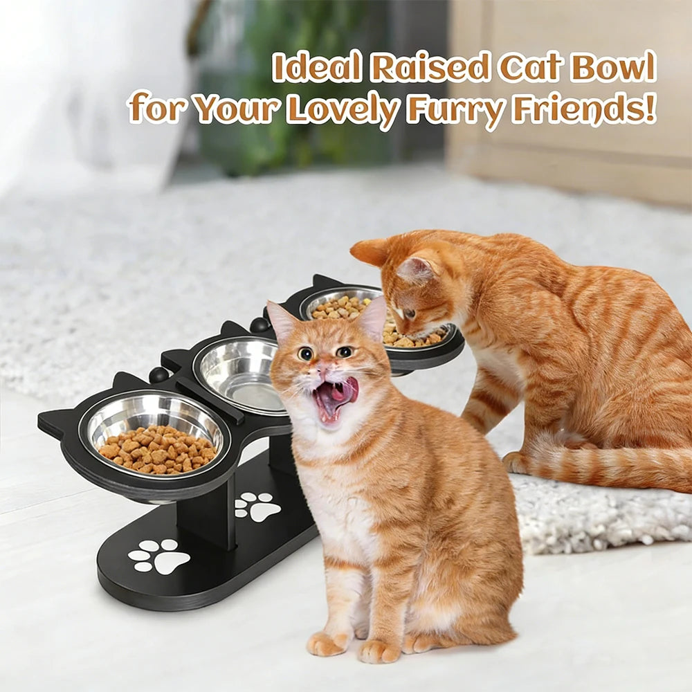 Triple Bowl Elevated Cat Feeder; Ergonomic Raised 3-in-1 Wet & Dry Food Station