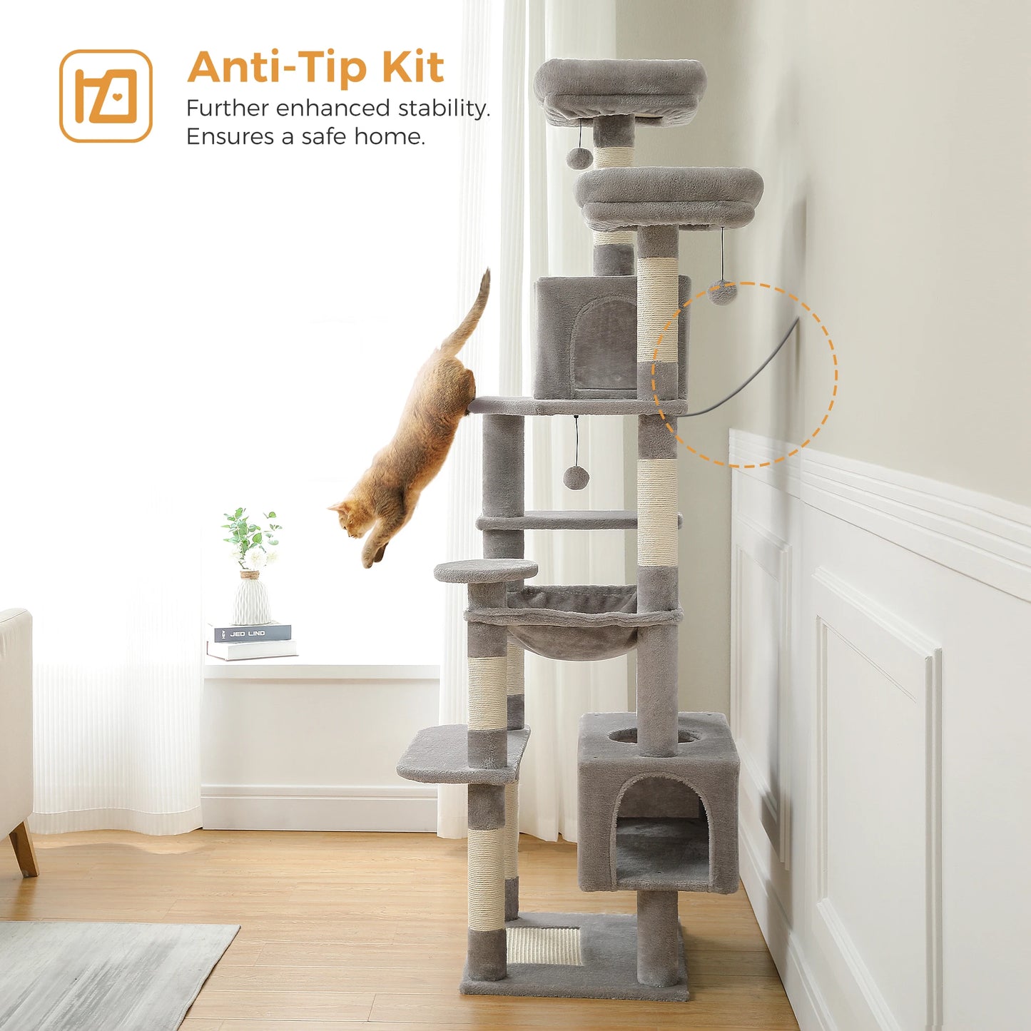 Multi-Level Large Cat Tree Tower; Indoor Cat Condo with Scratching Posts & Hammock