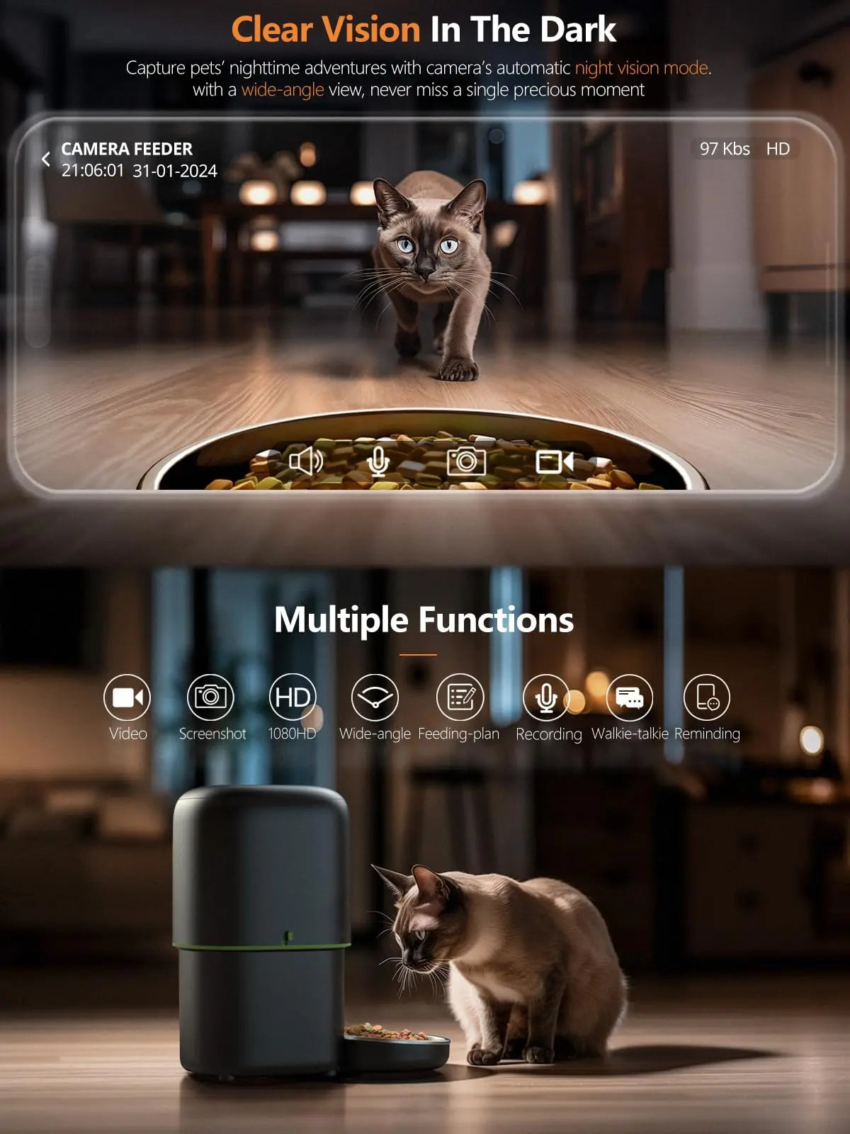 Smart Automatic Pet Feeder with 1080p Video Camera;WiFi Two-Way Audio Dispenser